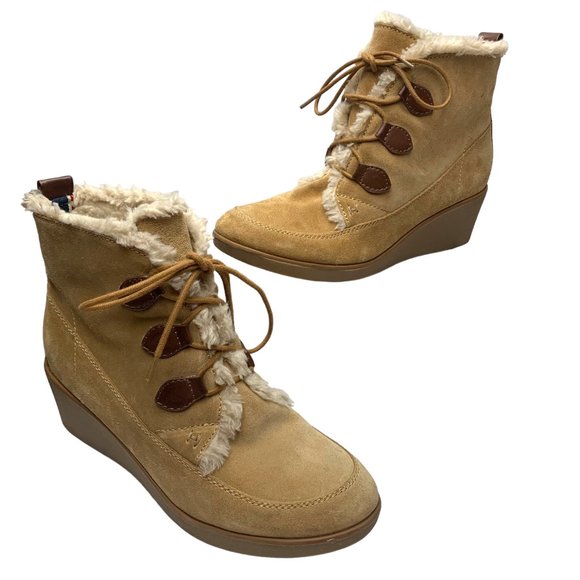 TOMMY HILFIGER Tan Suede Wedge Lace up Boots - Picture 5 of 10